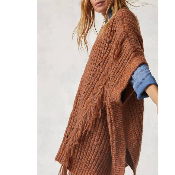 New Anthropologie Marled Fringe Poncho $120 ONESIZE Bronze Knit Frontier - Picture 4 of 5